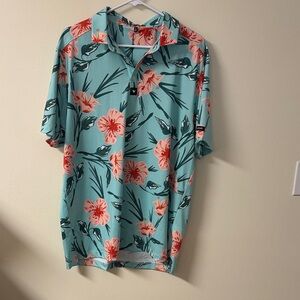 Bad Birdie Floral Polo Shirt - Aqua and Coral